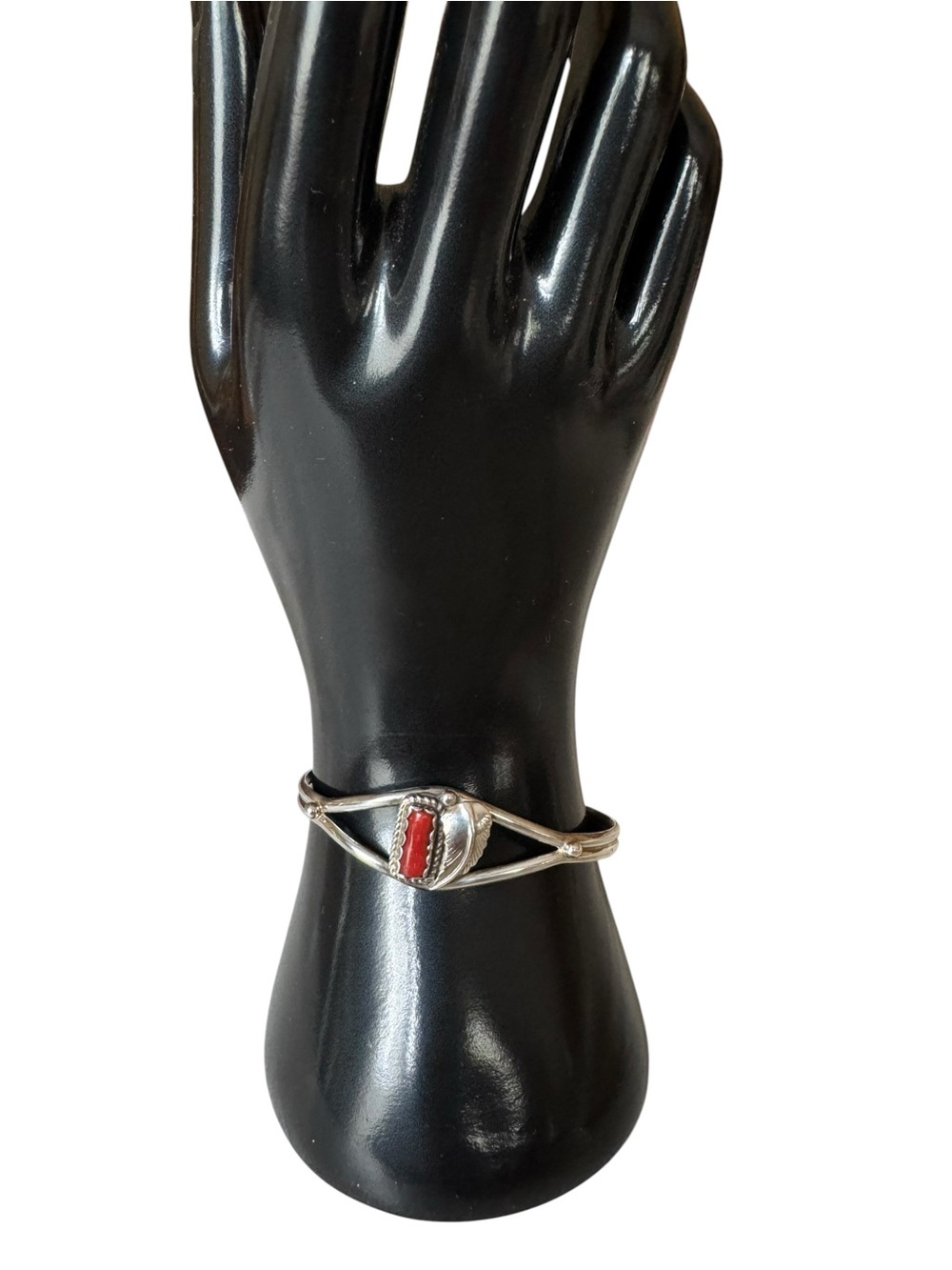 Sterling Silver Cuff Bracelet with Red Coral Accent - Picture 3 of 5